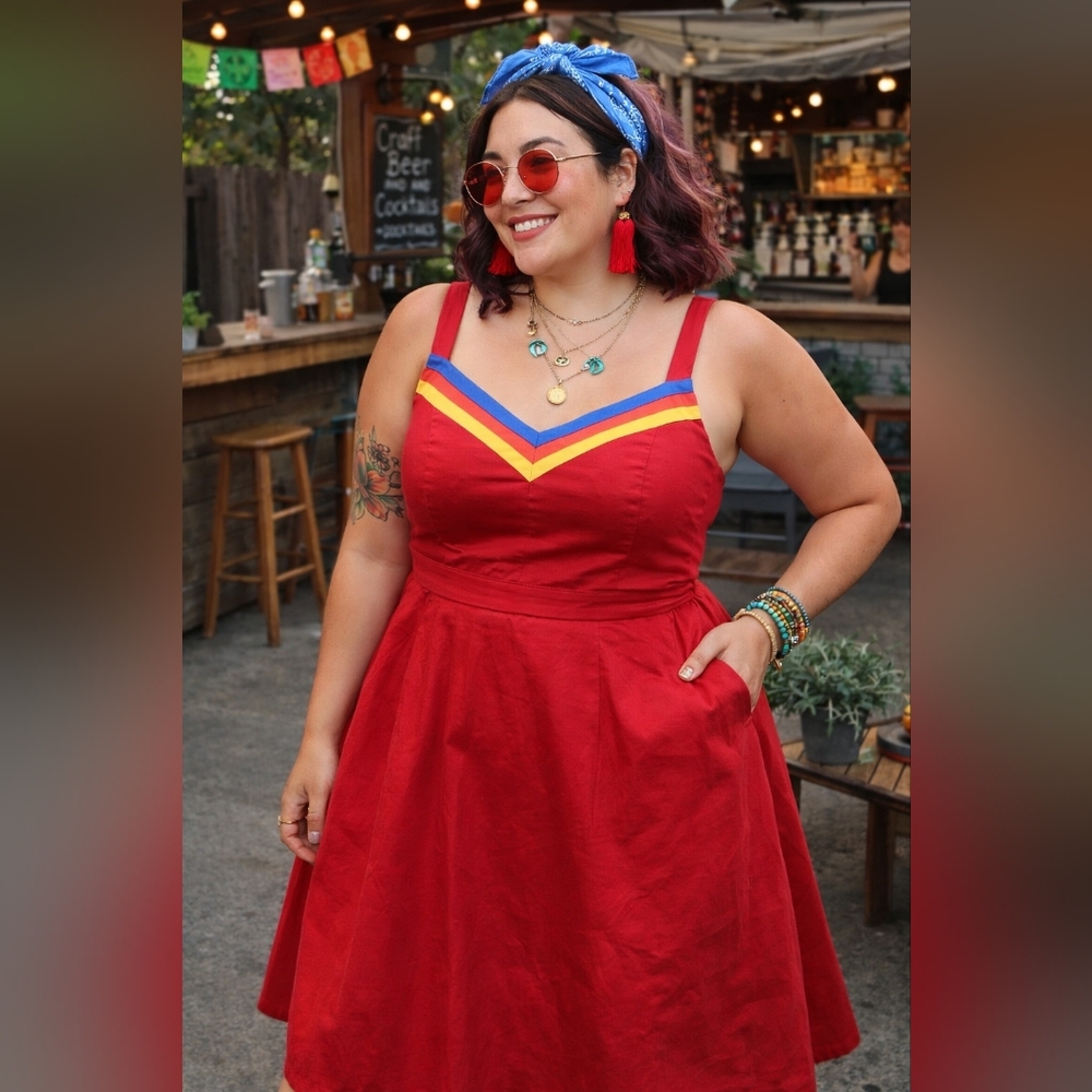ModCloth Red Midi Dress with Yellow & Blue Trim
